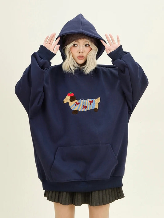 Haruja - Cartoon Dog Embroidery bl Hoodieck navy