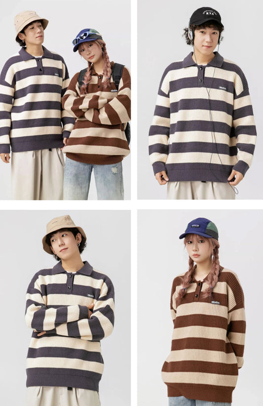 couple wear Haruja Striped Retro blue Sweater