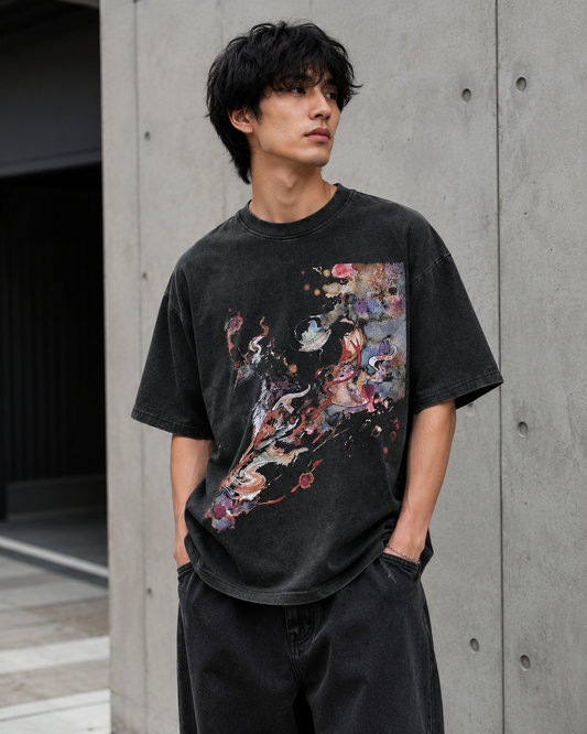 Washed Black Abstract Dragon Oversized T-Shirt