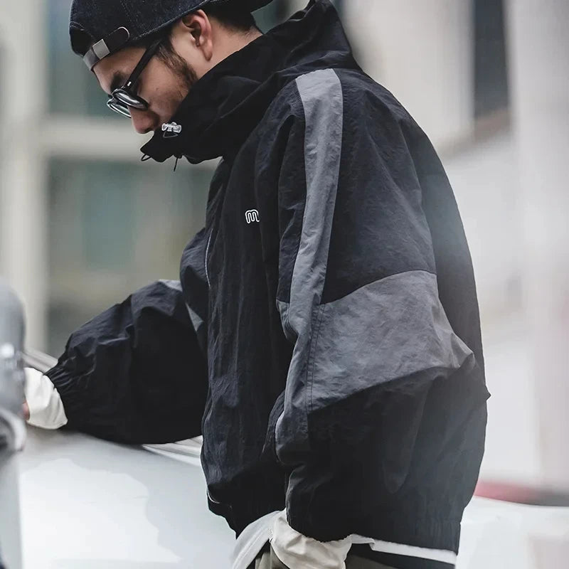 men wearing Haruja black Zipper Patchwork Jacket