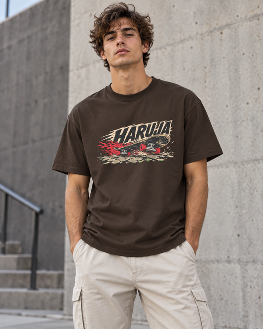 Haruja Burning Skateboard Dark Chocolate Graphic T-Shirt