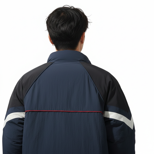 men wearing blue red vintage coat back