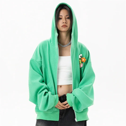 women wear Haruja Flower Zipped Hoodie green