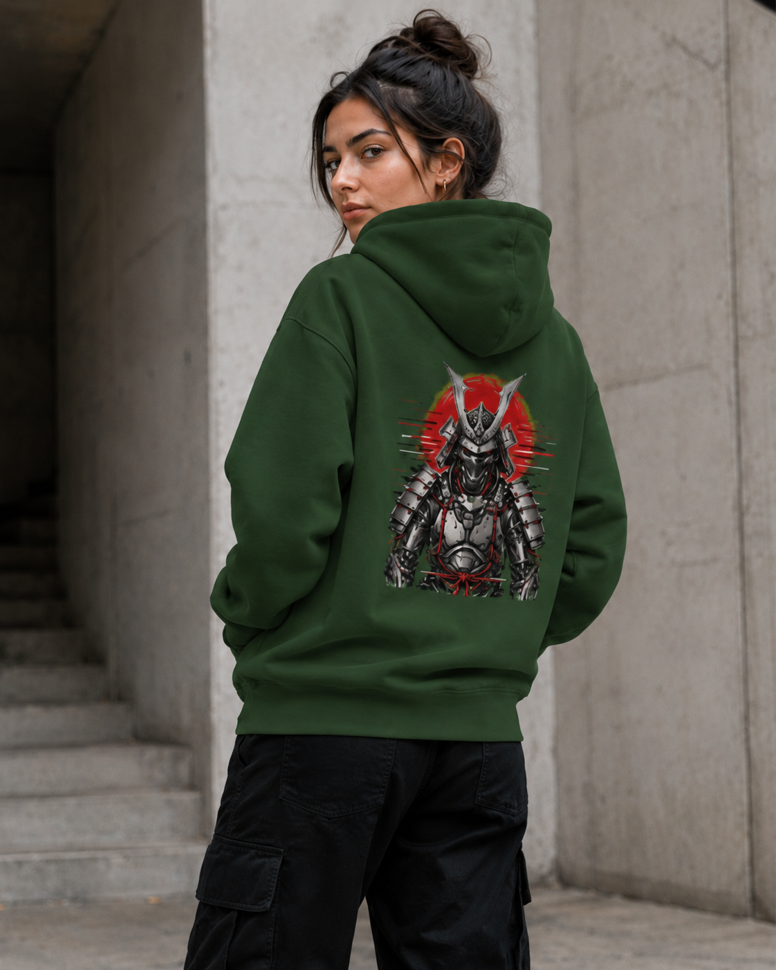 Haruja Cyber Samurai Forest Green Graphic Hoodie