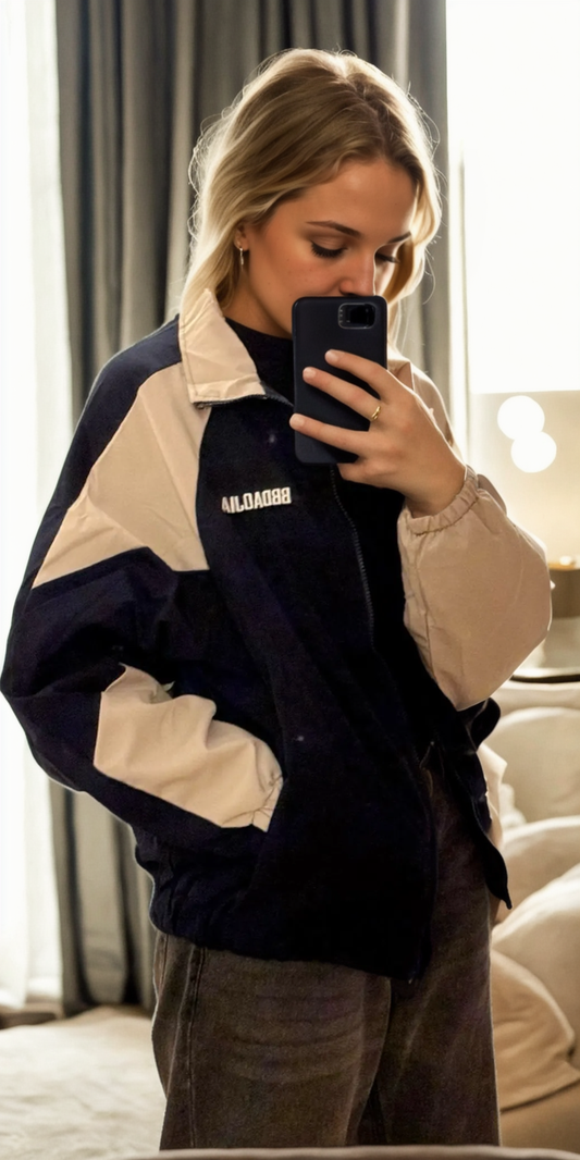 women wearing Haruja Casual Patchwork Varsity blue Jacket