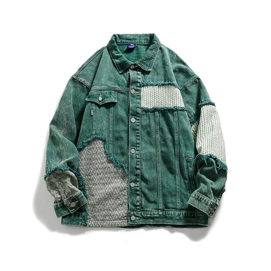 green patchwork denim jean jacket