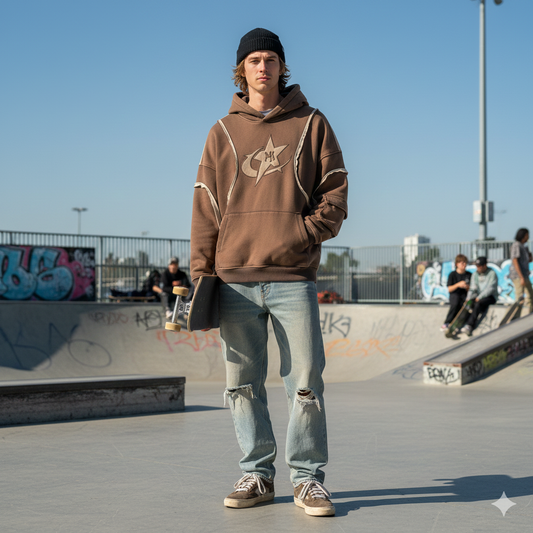 Brown Patchwork Vintage Hoodie front view