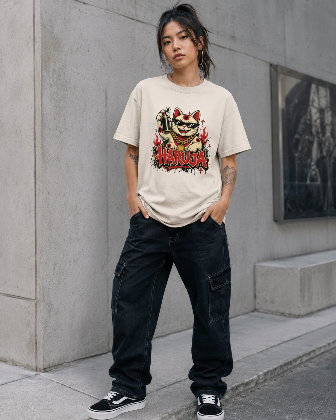 Haruja Graffiti Lucky Cat Natural Graphic T-Shirt