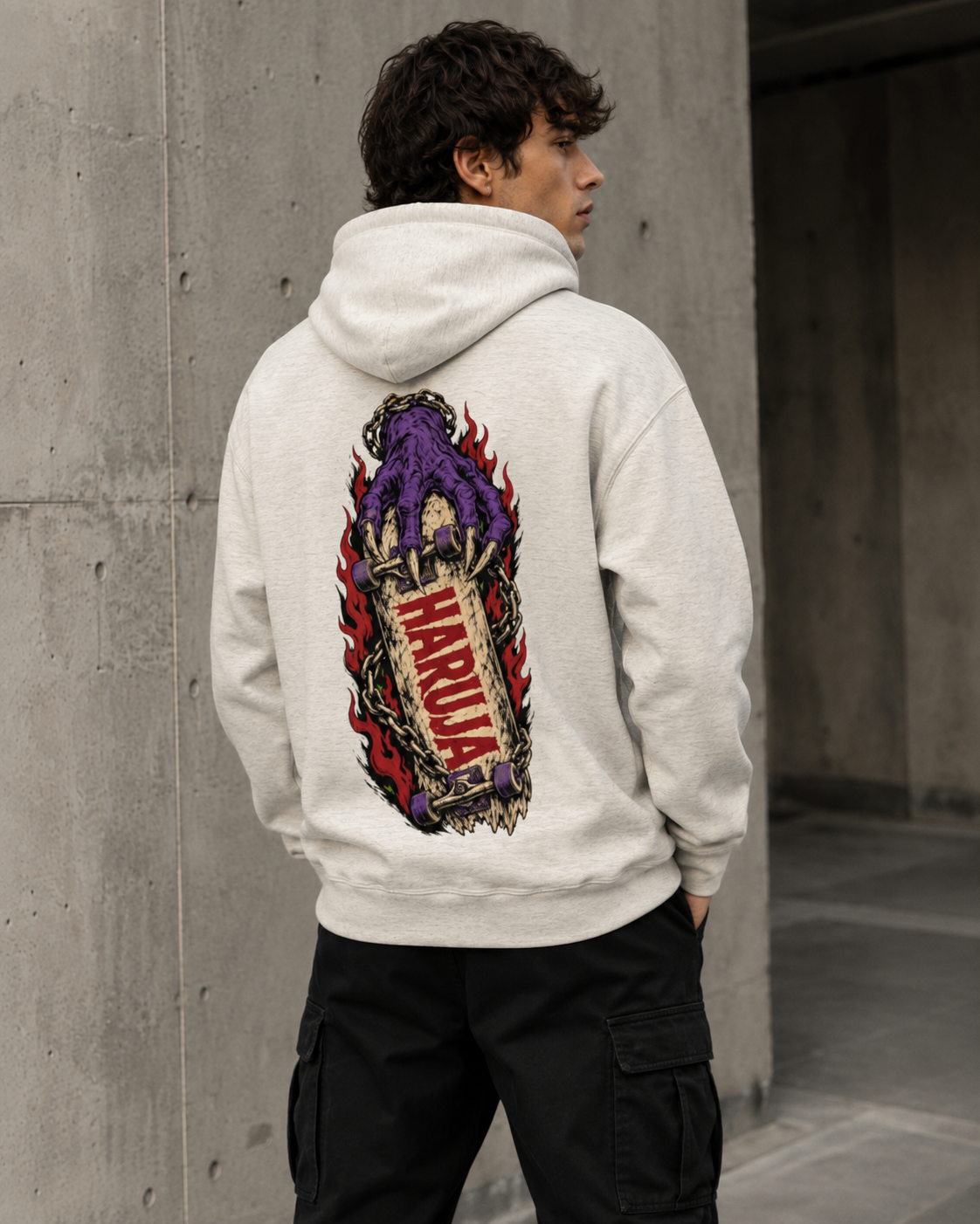 Haruja Purple Claw Skateboard Oatmeal Graphic Hoodie