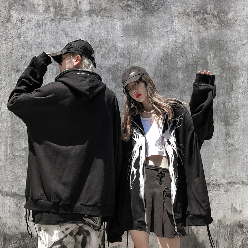 couple wearing Haruja - Punk Graphic Print Zipped Hoodie