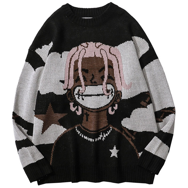 black and white knitted sweater with a black man with a big smile and pink hair