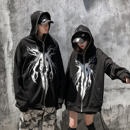 couple wearing Haruja - Punk Graphic Print Zipped Hoodie