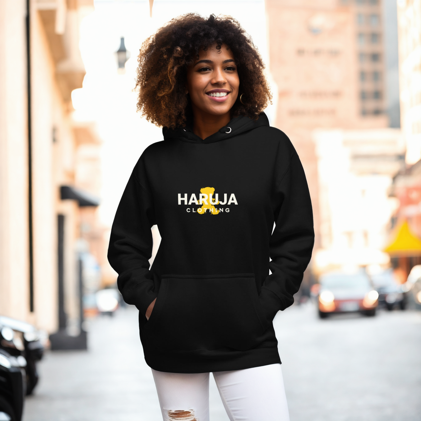 afro women wearing Haruja - Small Bear hoodie