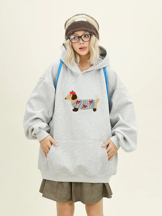 women wearing Haruja - Cartoon Dog Embroidery grey Hoodie