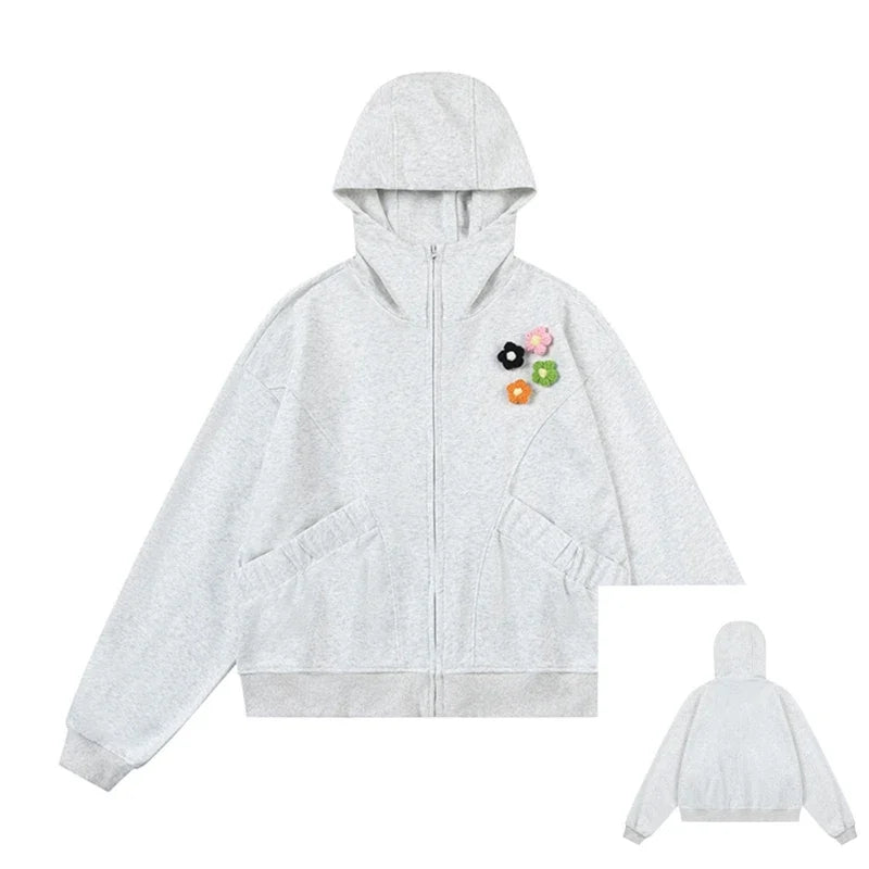 Haruja  Zipped Flowers Hoodie grey