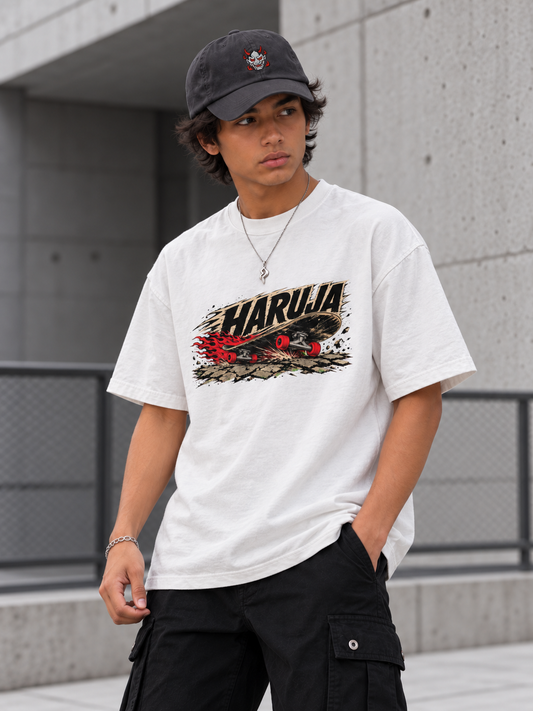 Haruja Burning Skateboard White Graphic T-Shirt