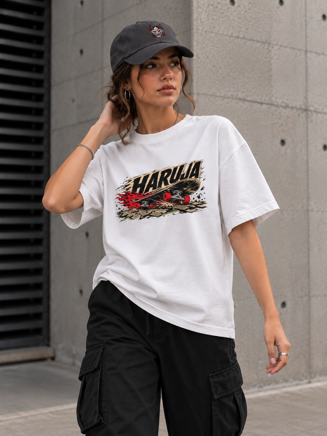 Haruja Burning Skateboard White Graphic T-Shirt