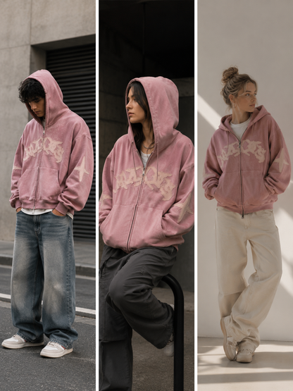 Pink Vintage Suede Hoodie | Oversized Y2K Streetwear
