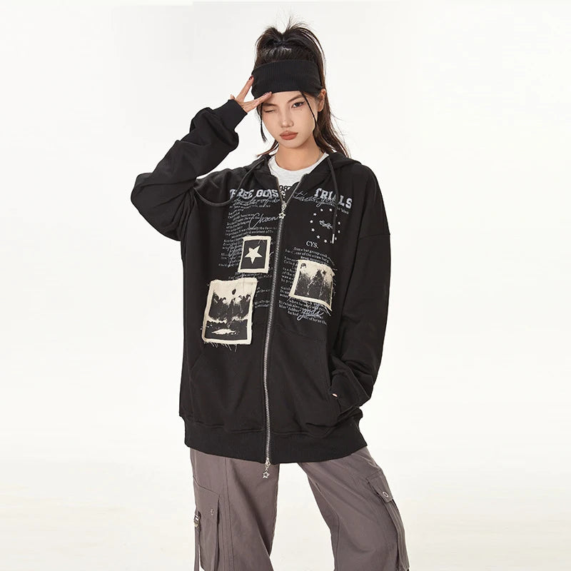 Haruja - Letter Graphic Patchwork Zipped black Hoodie