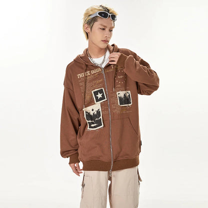 Haruja - Letter Graphic Patchwork Zipped brown Hoodie