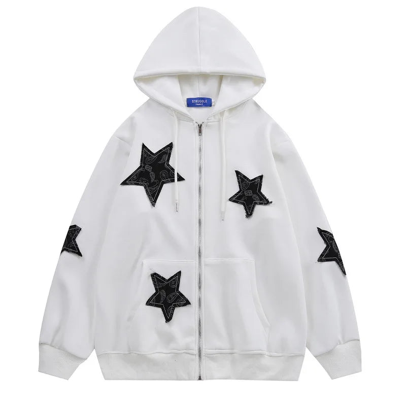 Haruja - White Y2K Vintage Stars Zipped Hoodie