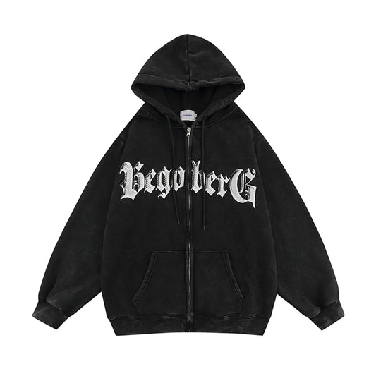 Haruja - Letter Double-Sided Printed black Zipped Hoodie