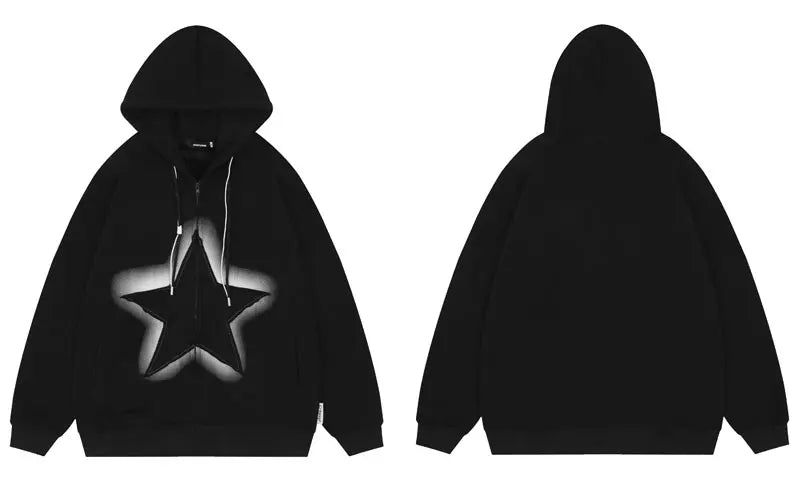 Haruja - black Vintage Star Patch Zipped Hoodie
