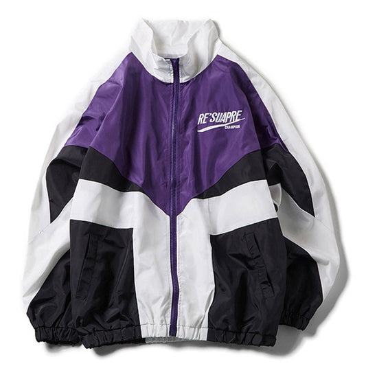 purple College Varsity Jacket with black and white