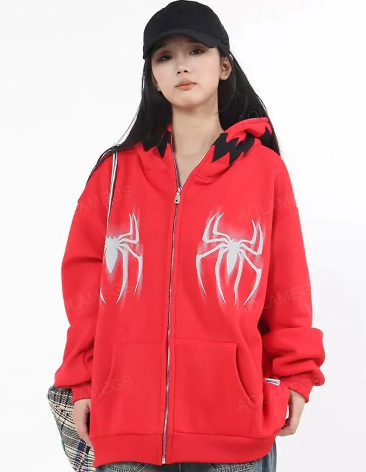 Haruja - red Spider Graphic Zipped Hoodie