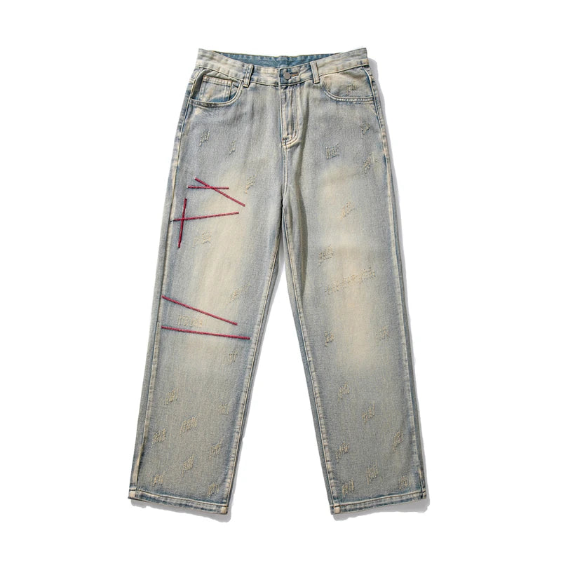 haruja Embroidery Korean Design Denim blue Pants - streetwear jeans
