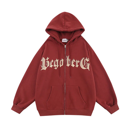 Haruja - Letter Double-Sided Printed red Zipped Hoodie
