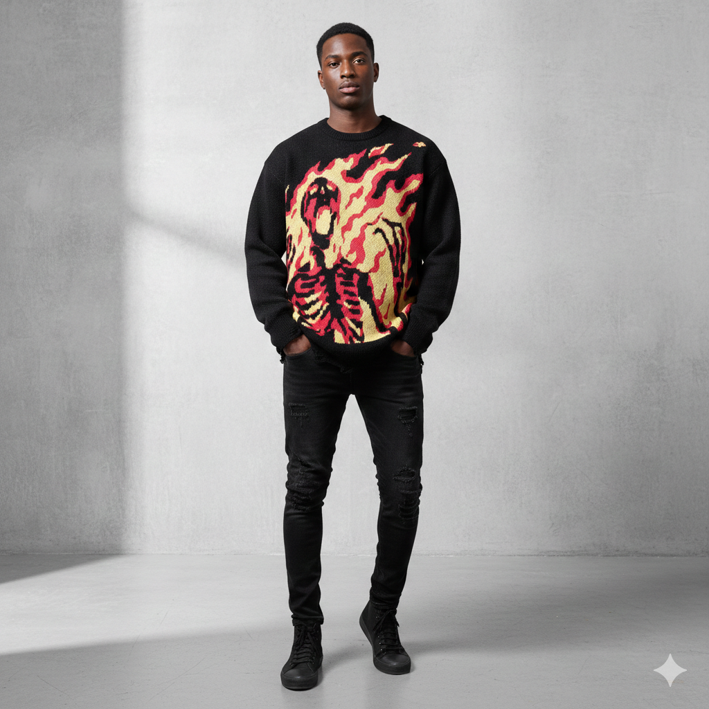 black men wear skulls fire sweater 