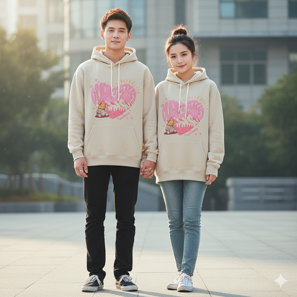 couple wearing heart letter hoodie