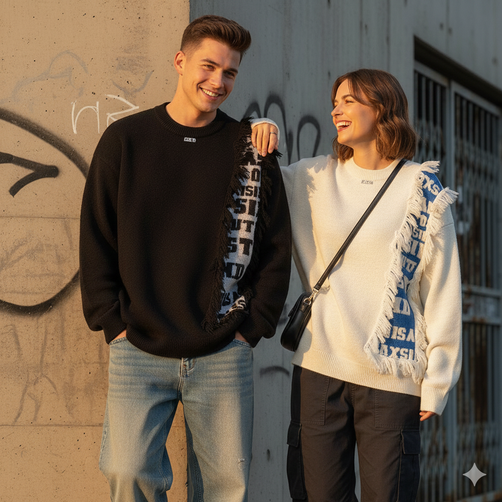 couple wearing tassel patchwork sweater