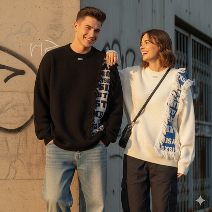 couple wearing tassel patchwork sweater