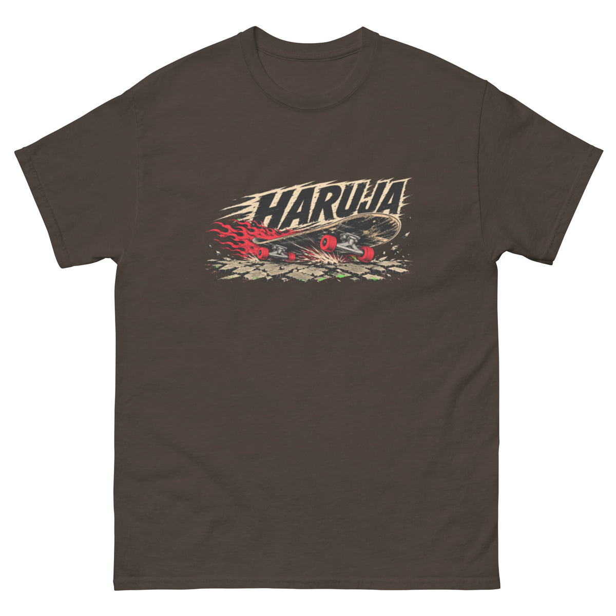 Dark chocolate Haruja T-shirt with burning skateboard, red wheels, flames and distressed logo graphic on the front