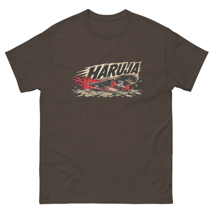 Dark chocolate Haruja T-shirt with burning skateboard, red wheels, flames and distressed logo graphic on the front