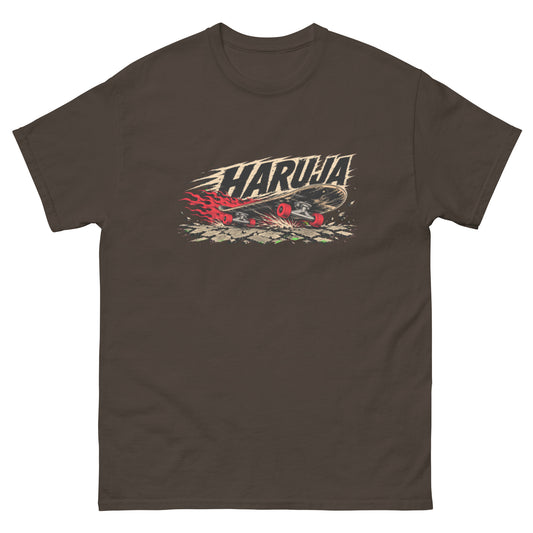 Dark chocolate Haruja T-shirt with burning skateboard, red wheels, flames and distressed logo graphic on the front