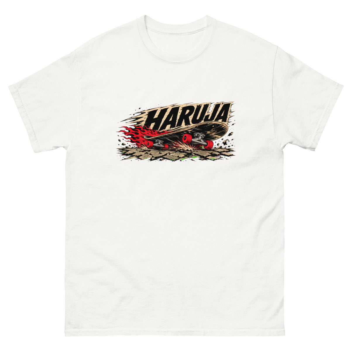 White Haruja T-shirt with burning skateboard, red wheels, flames and distressed HARUJA graphic on the front
