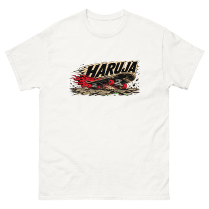 White Haruja T-shirt with burning skateboard, red wheels, flames and distressed HARUJA graphic on the front