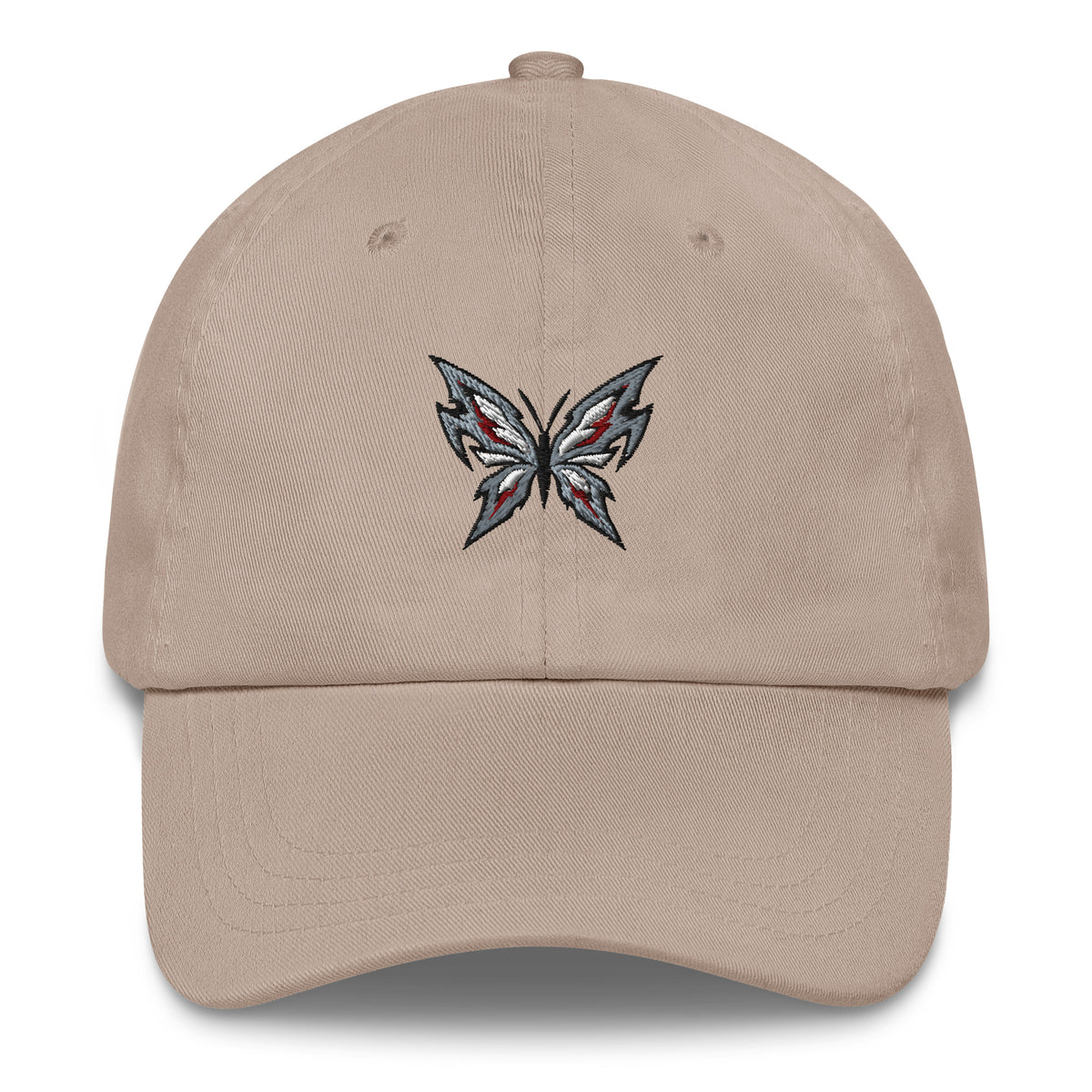 Stone beige Haruja dad hat with metallic silver butterfly graphic, black outlines and red accents embroidered on the front