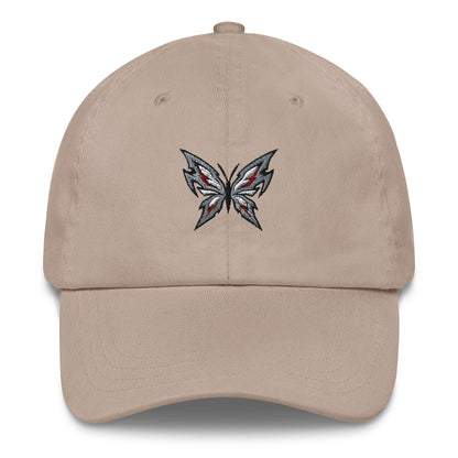 Stone beige Haruja dad hat with metallic silver butterfly graphic, black outlines and red accents embroidered on the front