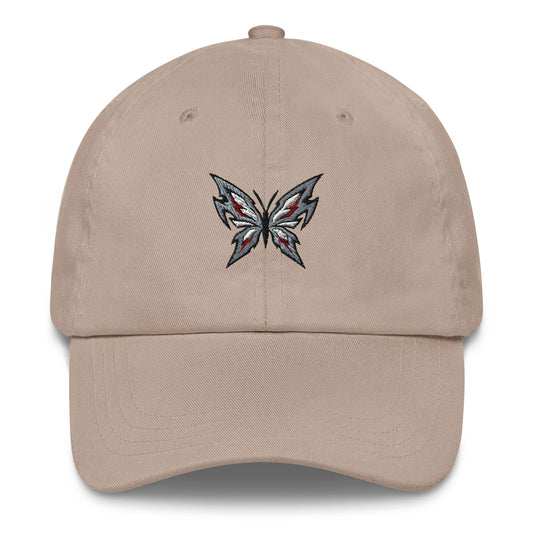 Stone beige Haruja dad hat with metallic silver butterfly graphic, black outlines and red accents embroidered on the front