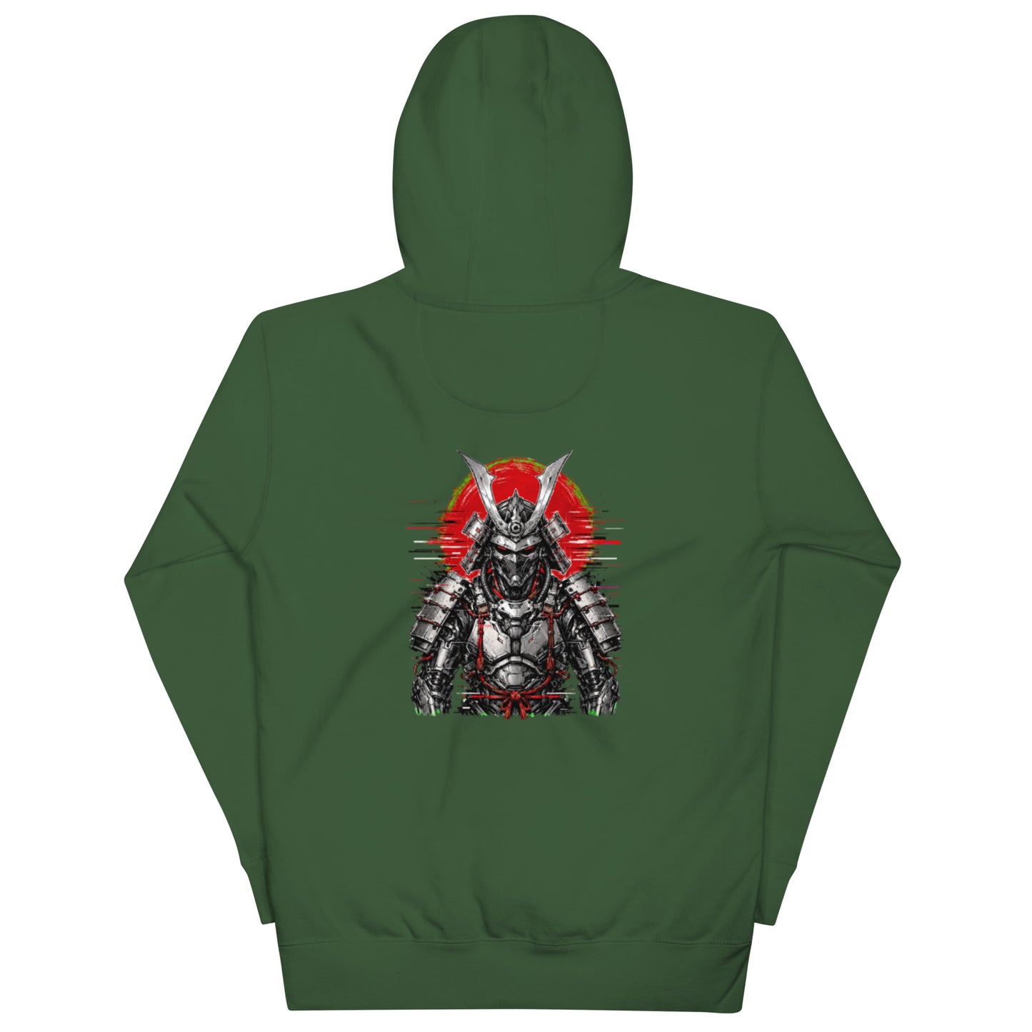 Back of forest green Haruja hoodie with large armoured cyber samurai and distressed red sun graphic