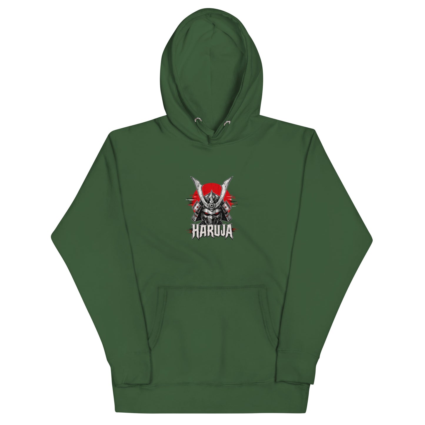 Front of forest green Haruja hoodie with silver samurai helmet, red rising sun and gothic logo graphic