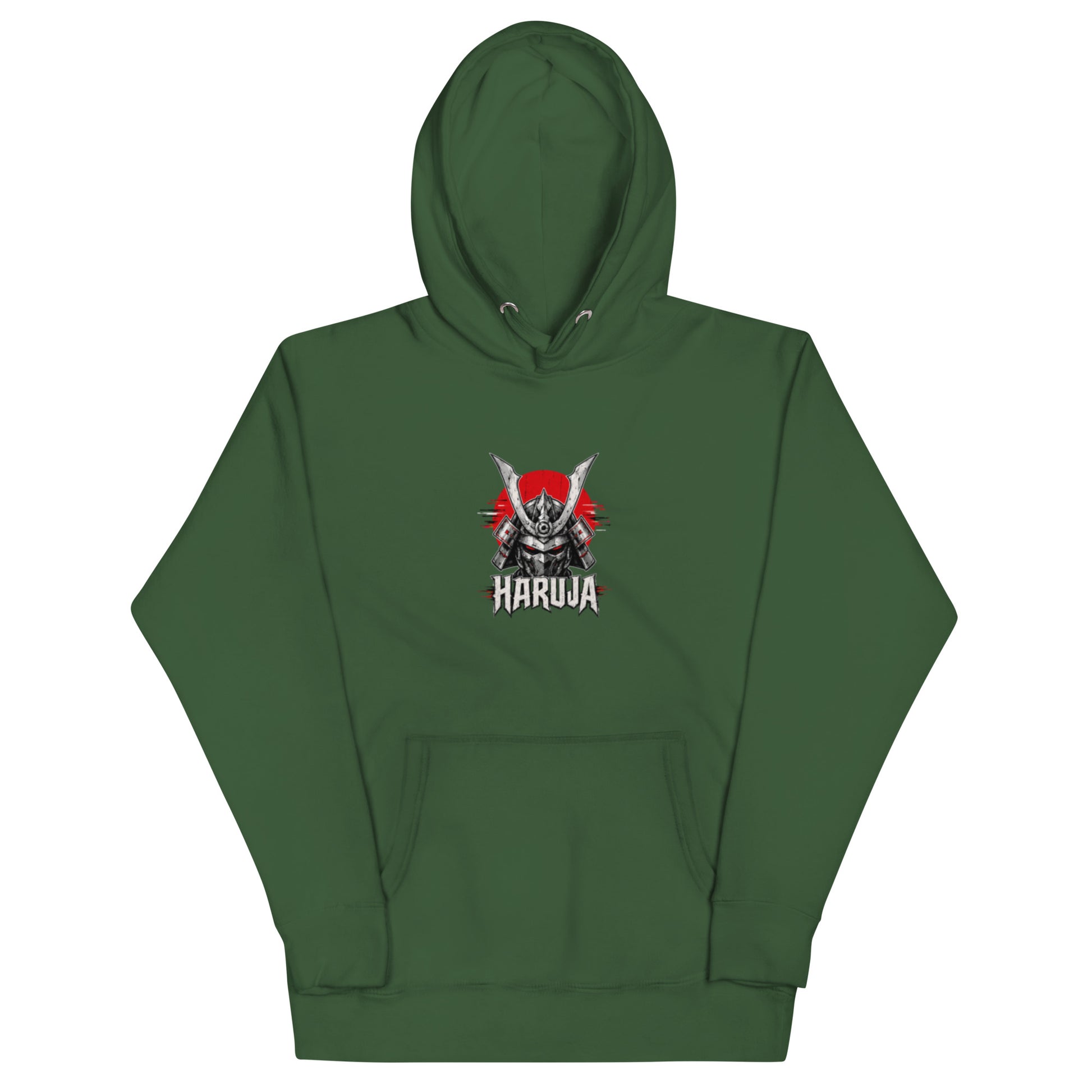 Front of forest green Haruja hoodie with silver samurai helmet, red rising sun and gothic logo graphic