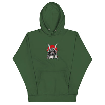 Front of forest green Haruja hoodie with silver samurai helmet, red rising sun and gothic logo graphic