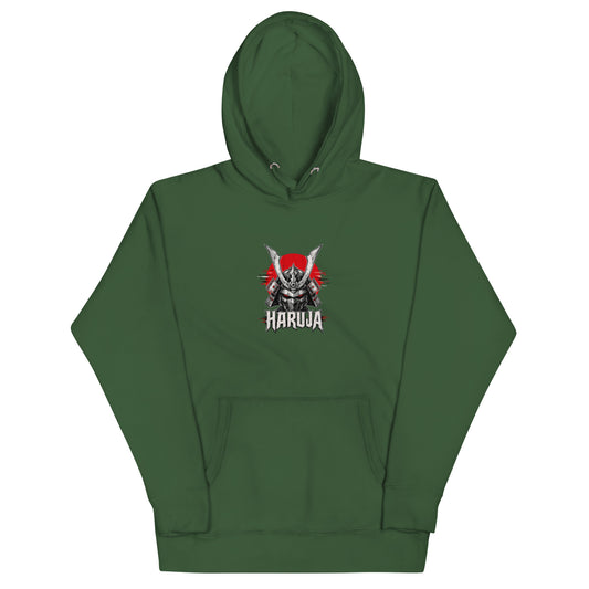 Front of forest green Haruja hoodie with silver samurai helmet, red rising sun and gothic logo graphic