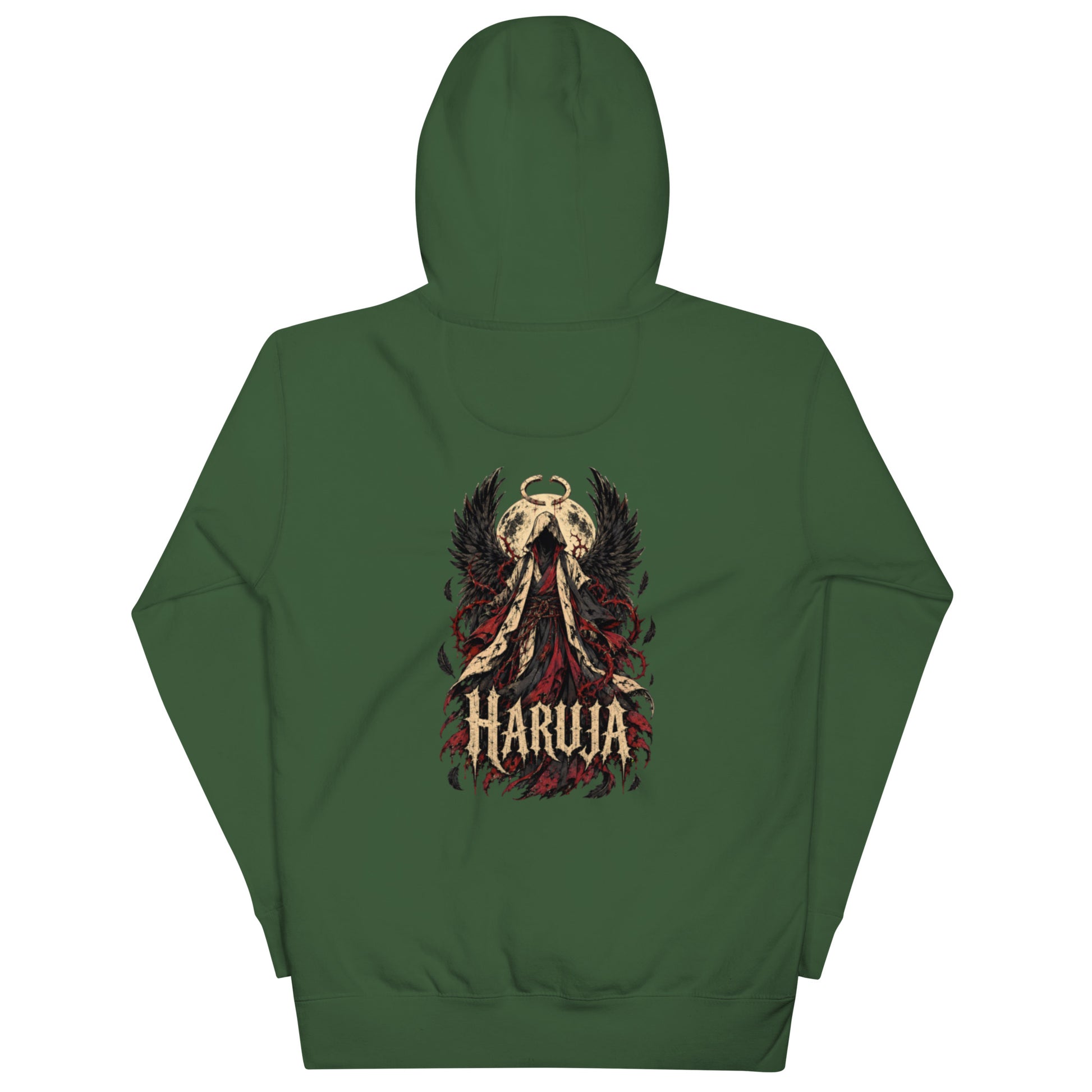 Back of forest green Haruja hoodie with fallen angel, black wings, halo and dark red gothic graphic