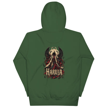 Back of forest green Haruja hoodie with fallen angel, black wings, halo and dark red gothic graphic